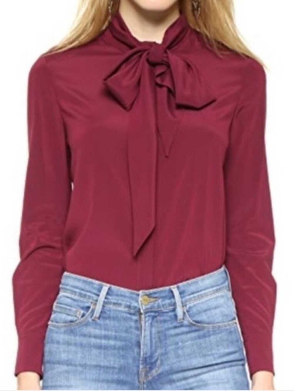 Tory Burch Tie Neck Button Down Silk Blouse Top Burgundy Women's Size 6 Preppy